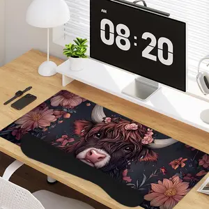 4 - in - 1 Highland Cow & Vintage Floral Elements Large Gaming Mouse Pad + Keyboard Wrist Rest + Mouse Pad with Wrist Support + Coaster Set with Ergonomic Design for Home Office Table Computer, Rubber Base Mousepad with Stitched Edges, Easy Typing Pain Re