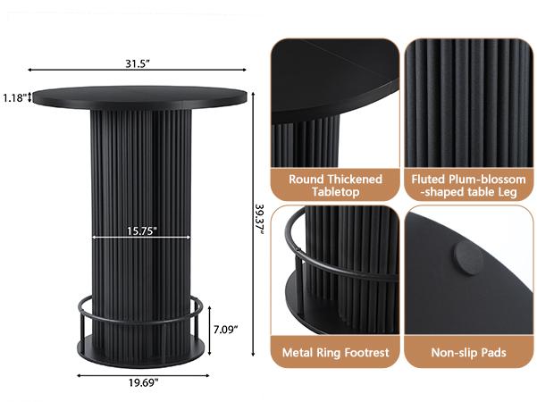 Giratree Bar Table, 39.37" H Round Bistro Table Fluted Pub Table with Base & Metal Ring Footrest Wood Cocktail Desk for Patio, Coffee House, Living Room, Kitchen, Small Space