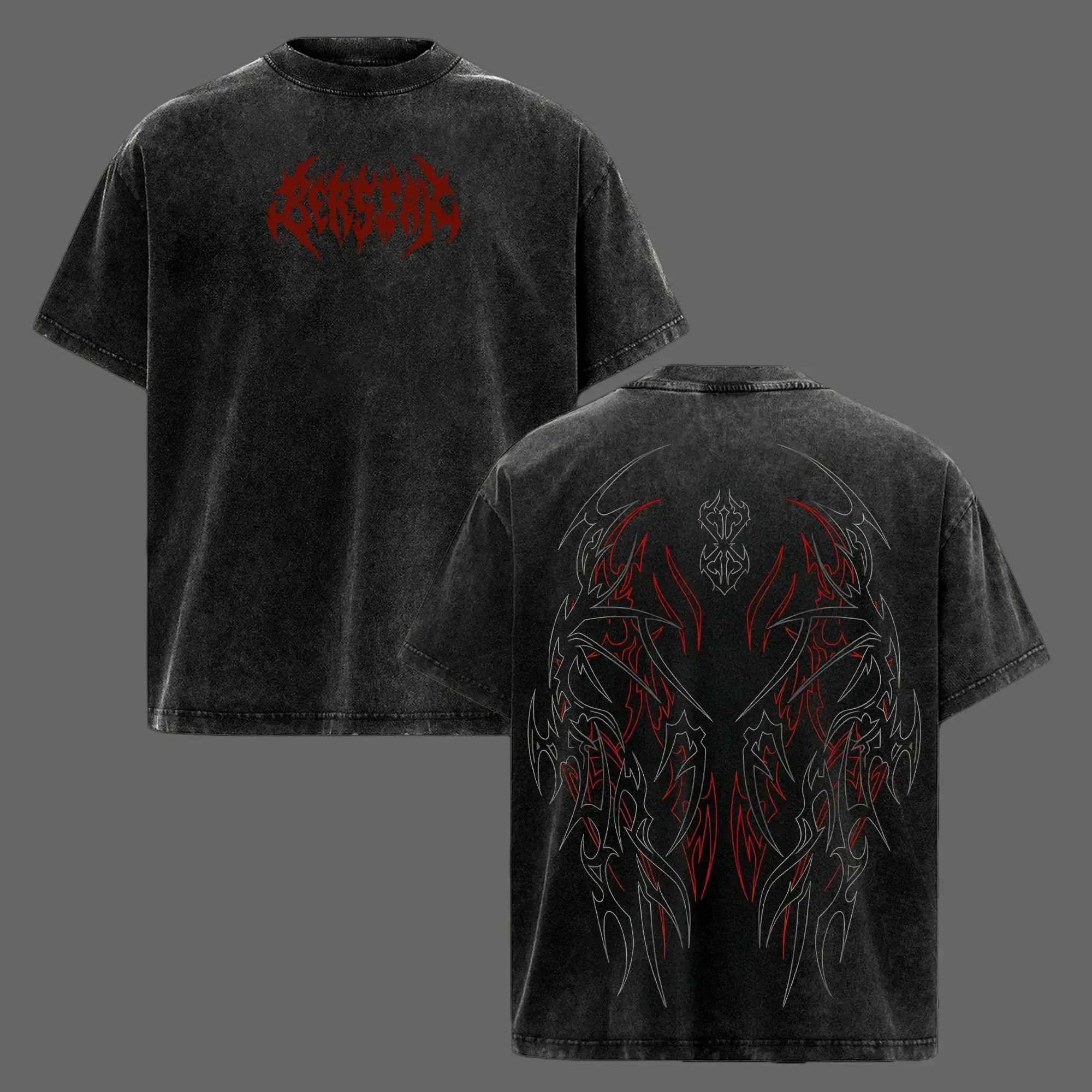 Men's Berserk Pump Cover T-Shirt - Stylish Menswear Short-Sleeve Ribbed Seamless Heavy Cotton Vintage Washed Oversized Dark Aesthetic Unisex Soft Loose Gym Clothes, Ideal for Workout & Training