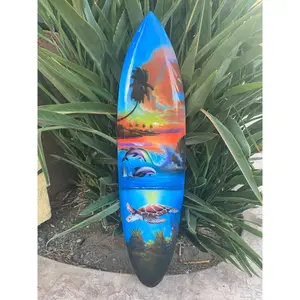 Tropical Ocean Sea Turtle Dolphin  Airbrushed Mango Wood Decorative Surfboard Plaque 39"