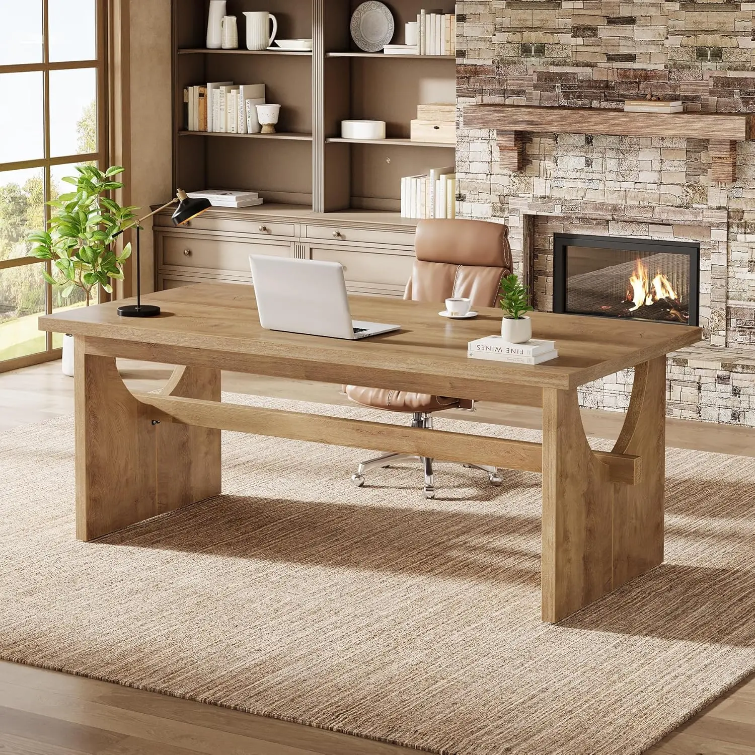 LITTLE TREE Executive Office Desk, 63-Inch Farmhouse Computer Desk, Large Writing Study Conference Table with Sturdy Legs, Business Workstation Table for Home Office, Rustic Brown