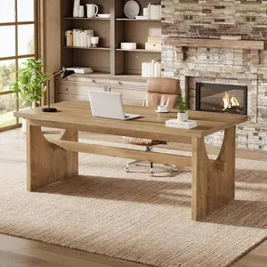 LITTLE TREE Executive Office Desk, 63-Inch Farmhouse Computer Desk, Large Writing Study Conference Table with Sturdy Legs, Business Workstation Table for Home Office, Rustic Brown