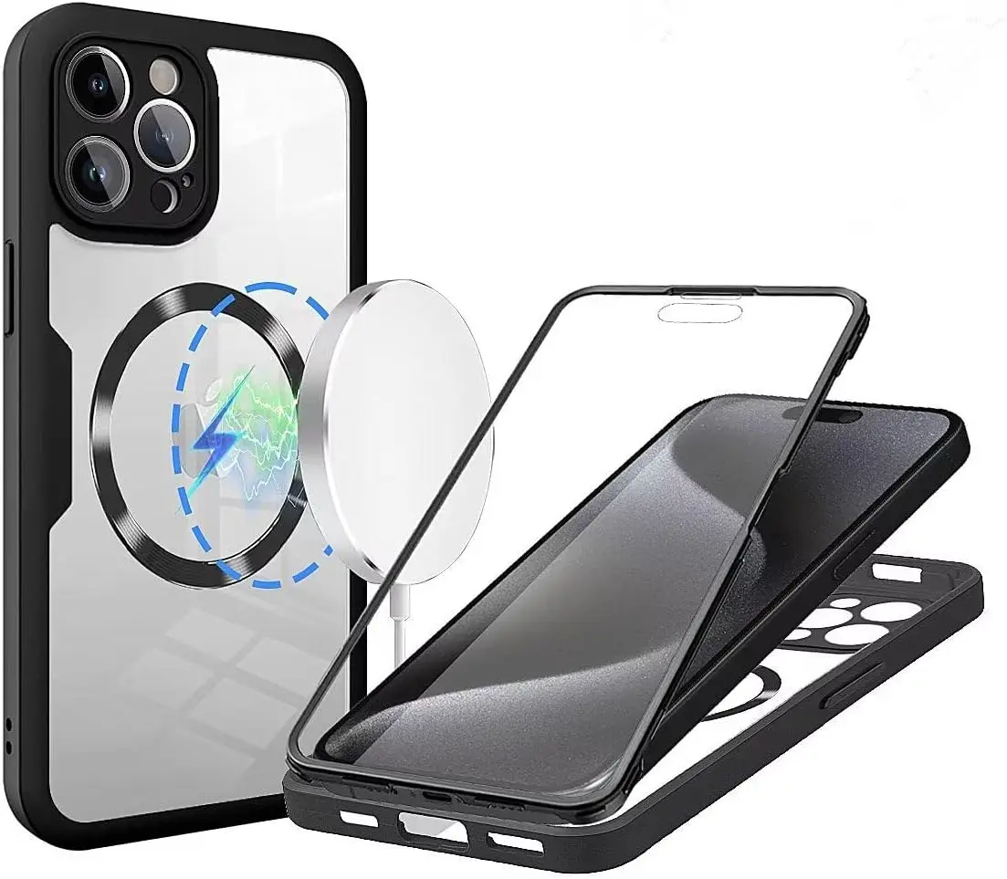 HISTORYOO 1-Pack Soft Case with Front Screen Glass Protector Clear For iPhone 17 Pro Max Air 16 15 14 13 Pro Max Magsafe Magnetic wireless charging ultra-thin TPU Lightweight Silicone Full Cover 360 degree protection Shockproof Luxury Anti-Scratch case