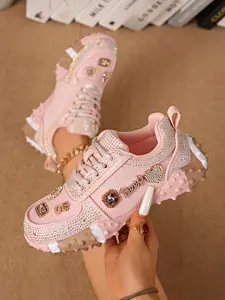 Women's Rhinestone Thick Sole Casual Walking Shoes Sneaker, Rivet Heart Embroidery, Versatile Height Increasing Shoes for Daily