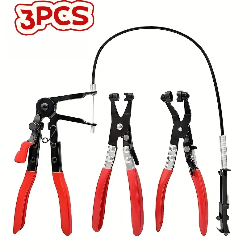 3Pcs Hose Spring Clamp Pliers Set, Flexible Long Reach Cable Type & Straight & Offset Angled Clamp Removal Tool, Car Radiator Water Pipe Fuel Line Tube Clamp Disassembly Pliers for Auto Engine Repair