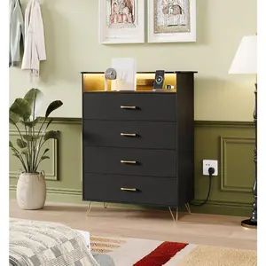 4 Drawer Wooden Dressers for Bedroom with LED Lights & Charging Station, Modern Nightstand for Bedside, Wood Chest of Drawers with App Control, Large Storage Cabinet for Bedroom, Living Room, Closet