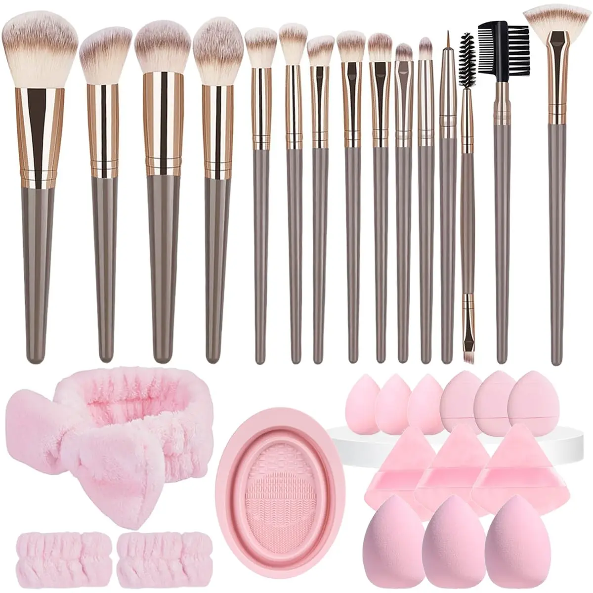 Halloween Fall Gift 31 Pcs Makeup Brushes Set with Makeup Sponges and Triangle Powder Puffs, Premium Synthetic Foundation Blending Blush Eyeshadow Brushes with Spa Headband, Wristbands & Brush Cleaning Bowl