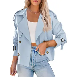 Imily Bela Essentials Women Crop Double Breasted Trench Coat Raglan Sleeve Work Office Cropped Jacket With Pockets