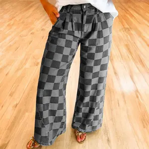 ?	Dear Lover Women's Checkered Denim Wide Leg Non-Stretch Jeans Bottom Pants for Dailywear All Seasons Soft Material Comfortable Fit(gift)