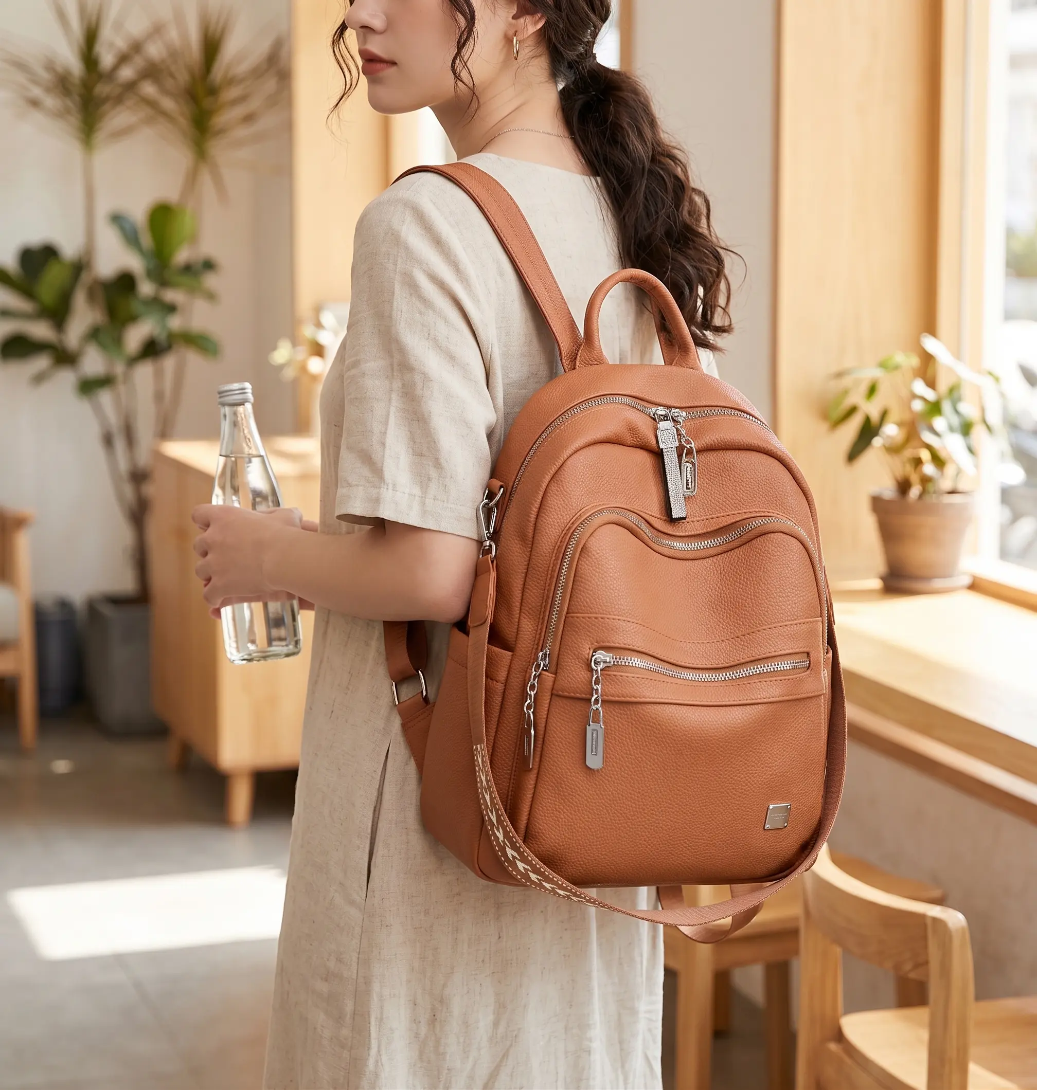 Women's Vintage PU Leather Convertible Backpack - Multi-Pocket Casual Shoulder Bag with Guitar Strap, Ideal for Travel, Daily Commute, School; Functional Luggage for Daily Use, Shoulder Bags