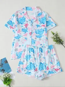 2pcs/Set Cute Ocean Theme Sea Turtle Printed Women Pajamas Set, Short Sleeve Collared Knit Top & Relaxed Elastic Waist Shorts, Casual Sleepwear Loungewear, All Seasons, Two Pieces Set