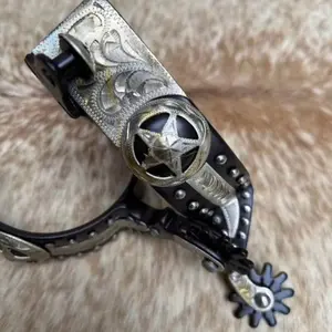 Pair Adult Antiqued Brown Western Spurs Engraved German Silver