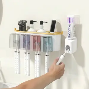 1 Set of Toothbrush Holder, Including 4 Mouthwash Cups, Wall-mounted Toothbrush Storage Rack, Multifunctional Bathroom Storage Shelf