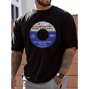 Mens Cotton TShirt with Record Print Casual Loose Fit Music Lover Suitable for Daily Outdoor Wear