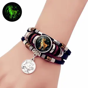 Luminous 12 Constellation Leather Bracelet for Men and Women Couples Gift Handmade Multi-layer Beaded Bracelet Creative Hand Jewelry