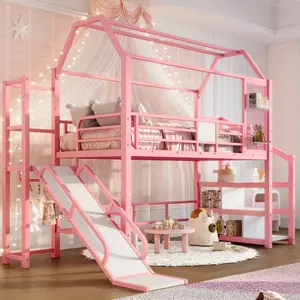 Twin Size House Loft bed with Slide and Stairs, Heavy-Duty Metal Playhouse Bed with Storage Shelves, House-shaped Roof and Noise-free Design