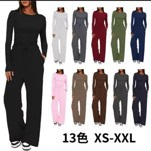 Two-piece Set Women's Solid Ruched Tee & Drawstring Pocket Pants Lounge Set, Casual Long Sleeve T-shirt & Elastic Waist Trousers, Ladies Sleepwear for All Seasons Loungewear
