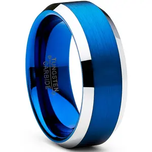 2026 Tungsten Carbide Men's Brushed Wedding Band Blue Plated Engagement Ring 8MM Comfort-Fit