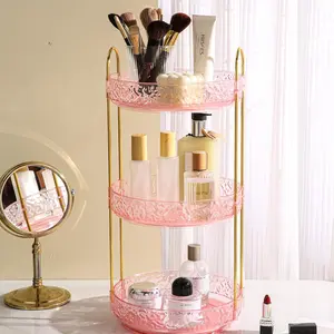 3 Tiers Pink Rotating Makeup Organizer for Vanity, 360 Spinning Skincare Organizers for Dresser Perfume Organizer Large Skincare Make Up Storage  Organizer for Bathroom Countertop
