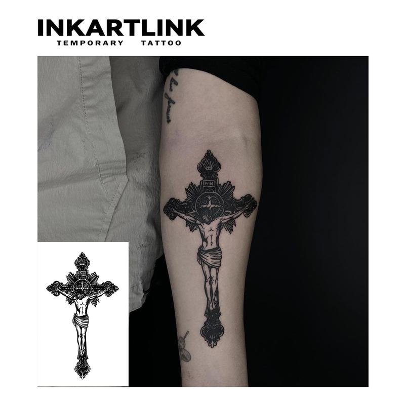 INKARTLINK Tattoo Tech,2 Sheets Extra-Large Semi Permanent Tattoo, Adult Art Design Temporary Tattoos, Lasts 1-2 Weeks, Waterproof, Realistic look, No Adhesive, No reflection (Christian Cross Design?
