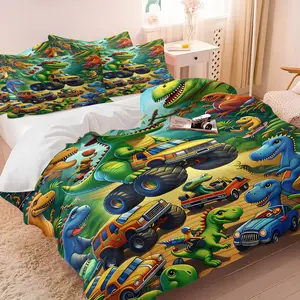 Dinosaur Monster Truck Duvet Cover Set Twin Size, with 1 or 2 Pillow Shams, Soft Cozy Microfiber Bedding Easy Care, Jungle Adventure, Boys Bedroom Makeover for Toddlers Boys Kids Nursery Playroom, Perfect Gift for Dinosaur Lovers Truck Fans