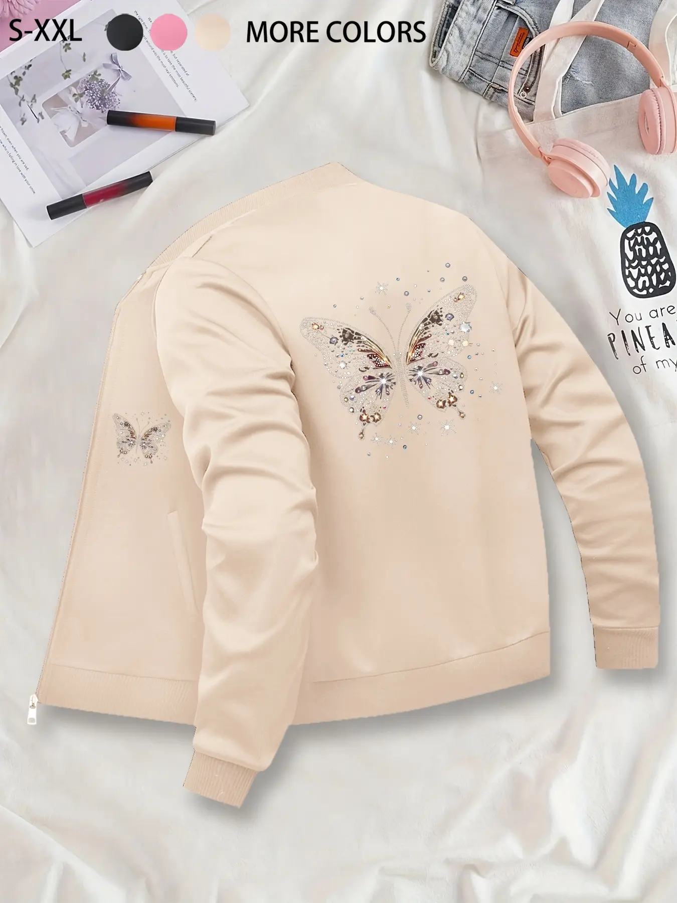 Shiny Butterfly Zipper Jacket, Fun Print Coat, Fashionable Women's Outerwear, Perfect Layering Choice for Autumn and Winter