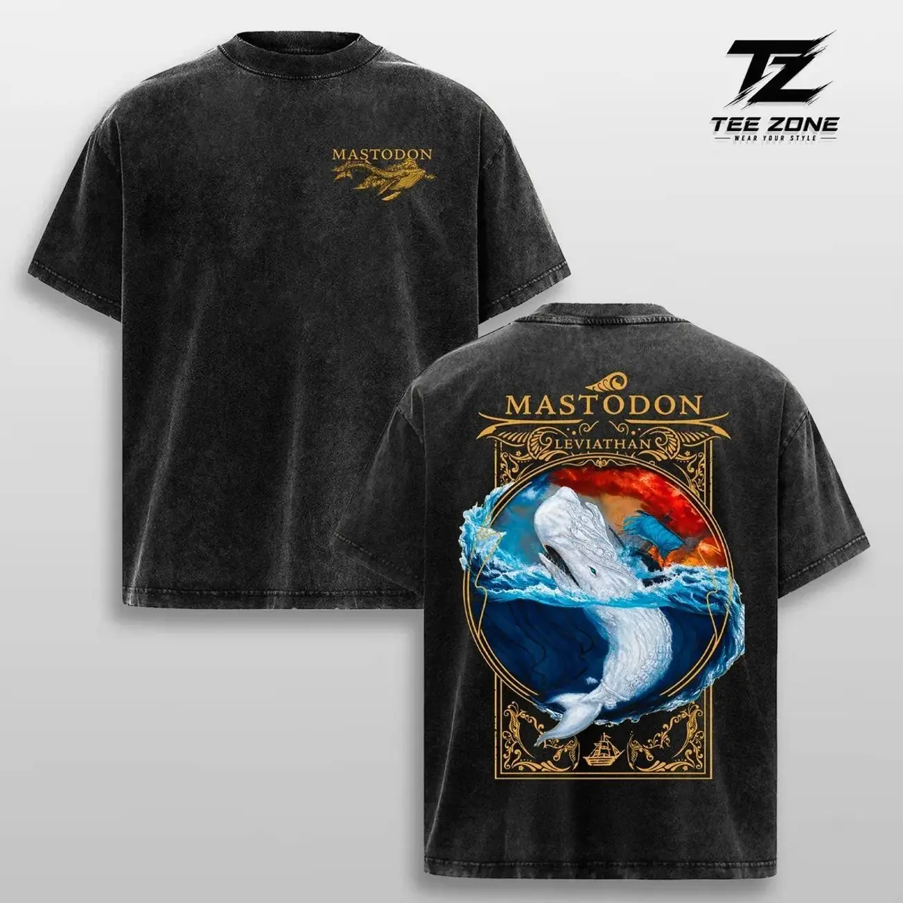 Mastodon Leviathan Acid Wash Oversized Heavyweight Cotton Graphic T-Shirt Vintage Progressive Metal Concert Merch Streetwear WCI