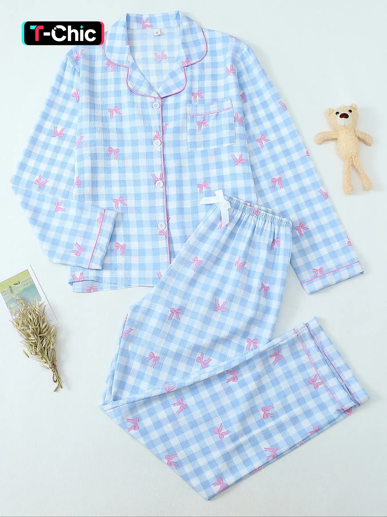 Women's Long Sleeve Pajama Set, Cute Plaid Bow Print Button Front Top and Pants, Casual Soft Home Wear for Spring & Fall, Loungewear