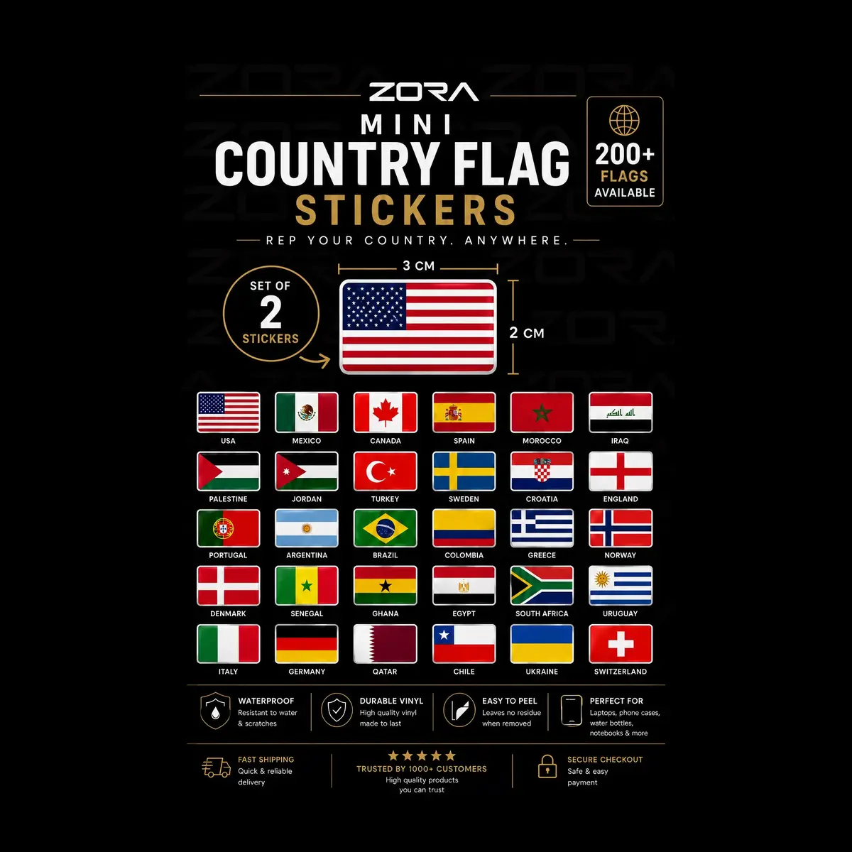 2-Piece Mini Country Flag Stickers | Glueless Adhesive | 2cm x 3cm
