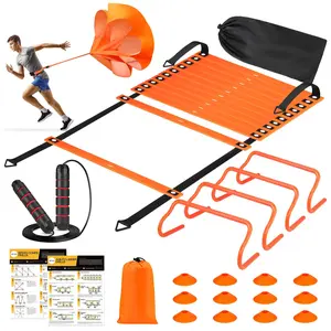 Soccer Training Equipment, Football Speed Agility Training Equipment, Agility Training Kit for Kids Youth Adults, 20ft Agility Ladder, 12 Soccer Cones, 4 Hurdles, Jump Rope, Running Parachute, Bag