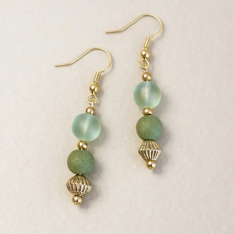 Handmade Elegant Green Beaded Earrings with Gold Accents and Dangle Design for Women's Fashion