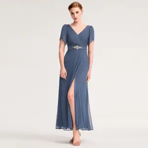 Ever-Pretty  dress Spring  Evening dress ,Chiffon Maxi Dress with Deep V-Neck, Flutter Sleeves, Waist Rhinestone Detail, Side Slit & Back Design for Formal Occasions,Evening dress 2400