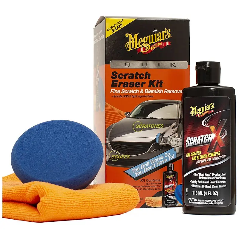 Meguiar’s G190200 Quik Scratch Eraser Kit - Automotive Paint Care Blemish Removal Fast Repair Set for DIY Enthusiasts, 4oz ScratchX, Drill-Mount Pad, 16"x16" Microfiber Towel, Paintwork Cleaner, 16" X 16" Microfiber Towel