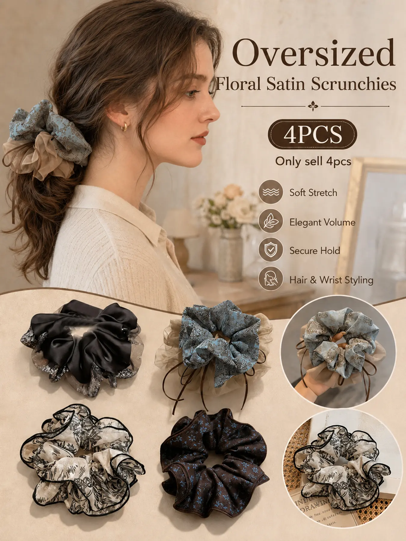 4 Pieces Satin Lace Flower Scrunchies for Women Elegant French Floral Style, Large Silk-Like Elastic Hair Ties with Soft No-Damage Hold, Big Ponytail Holders for Thick Curly Hair, Girls Daily Wear, Wedding, Party, Fashionable Hair Accessories
