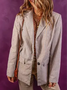 Coffee Plaid Patchwork Pocketed Single Breasted Blazer
