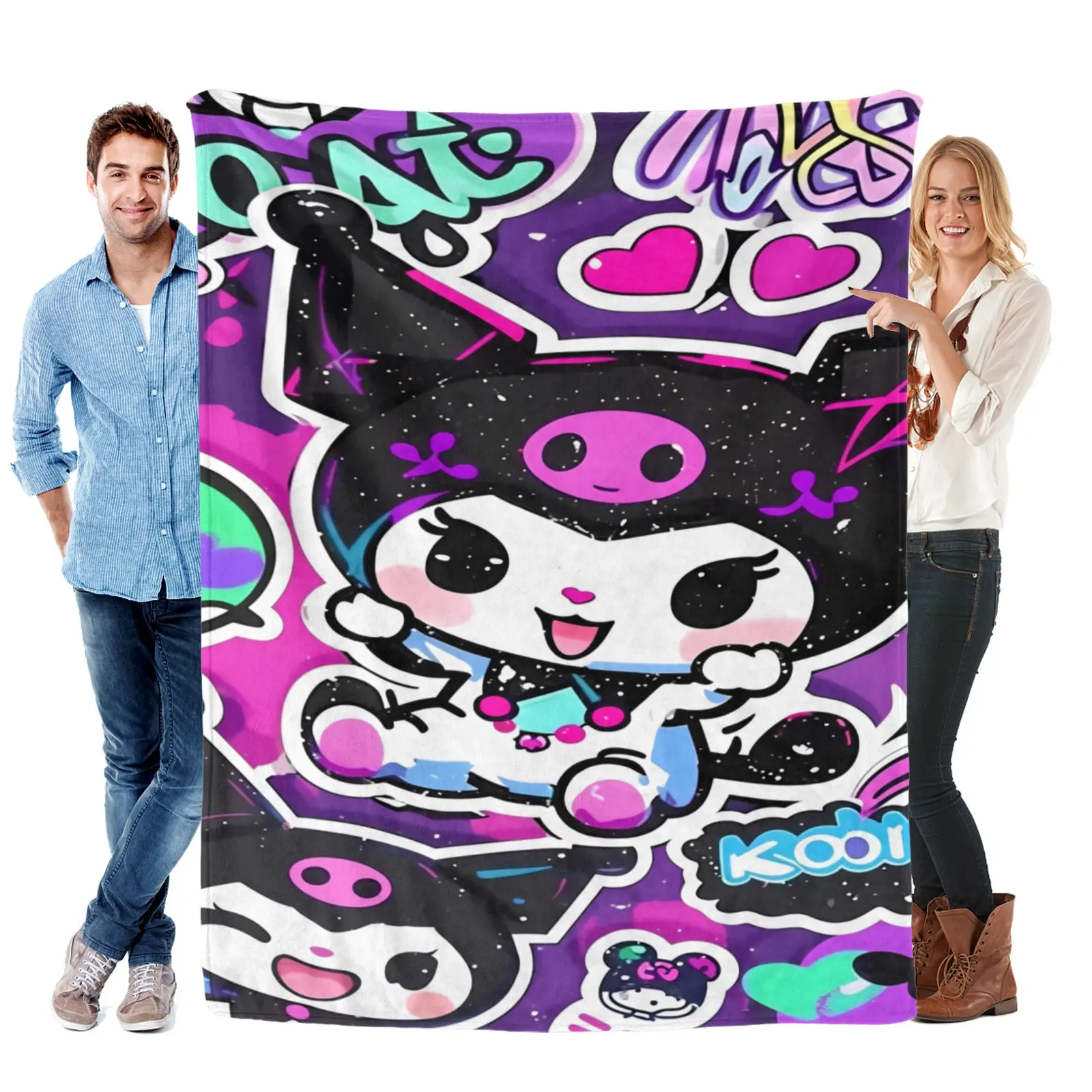 Sanrio Kuromi Flannel Blanket, Soft Comfortable Adorable Throw for Office, Car, Sofa and Bed