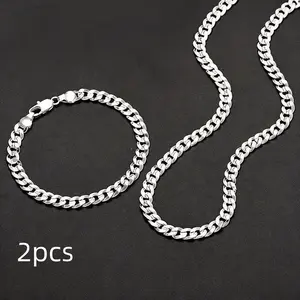 925 Sterling Silver Plated 7mm Sideways Men's Chain Necklace Bracelet Set Jewelry Gift -19.68/23.62IN Solid Curb Cuban Link Chain Necklace For Men And Women