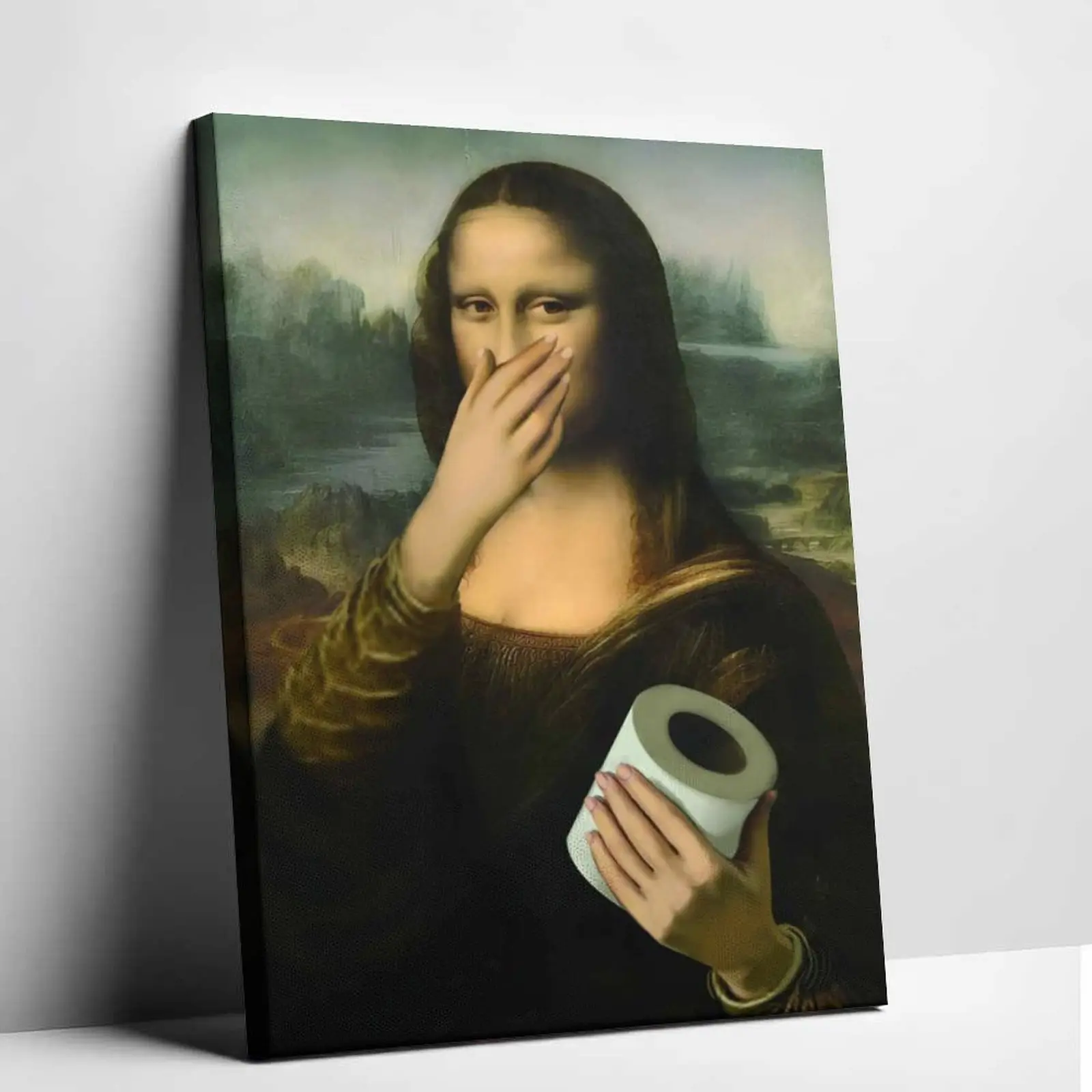 Funny Vintage Newspaper-Inspired Mona Lisa Waterproof Canvas Poster - Decorative Artwork, Fade Resistant, Multi-Size (08x12 inches, 12x18in(30x45cm), 20x30in(50x75cm), 24x36 inches), Framed/Unframed, Bathroom Wall Art Hanging Sign