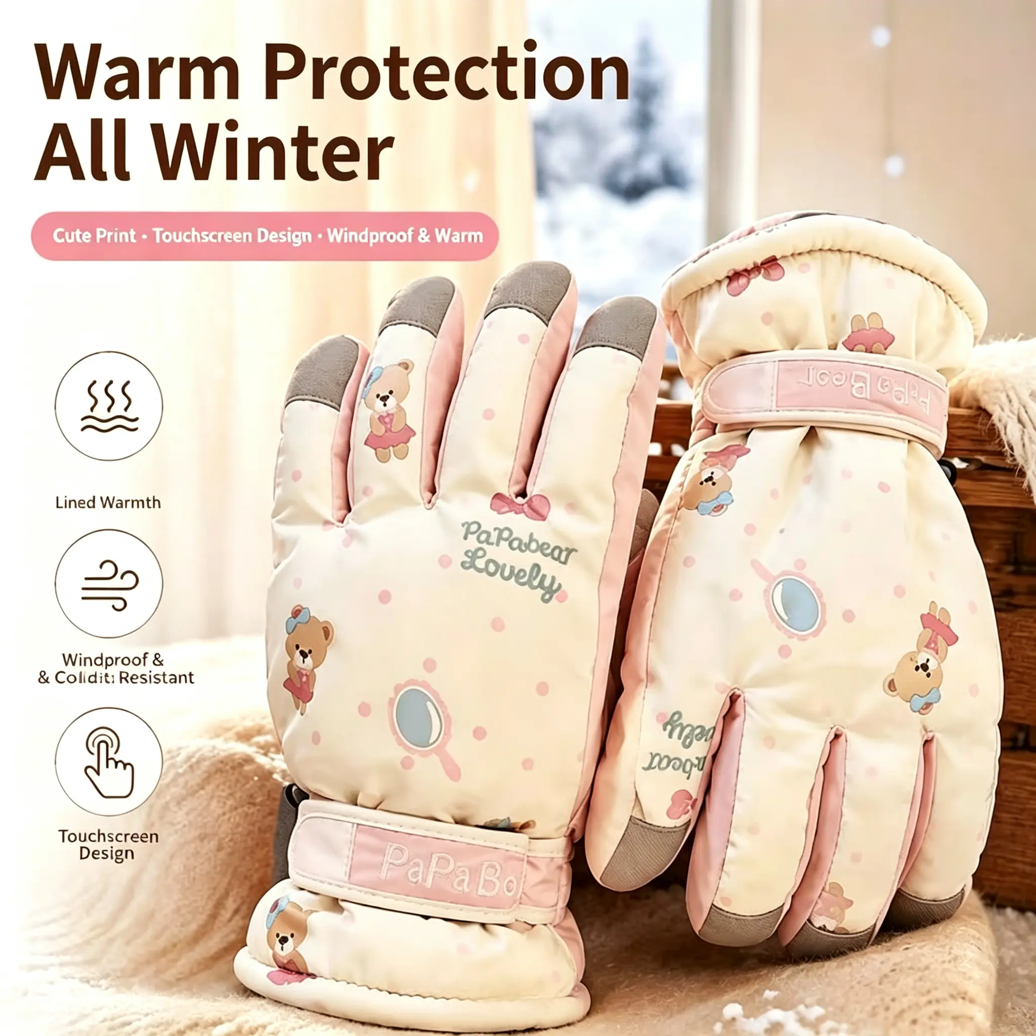 Women Cute Bear Winter Ski-Cycling-Gloves Thick Warm Waterproof Windproof Touch-Screen-Fingers Gloves for Cold Weather