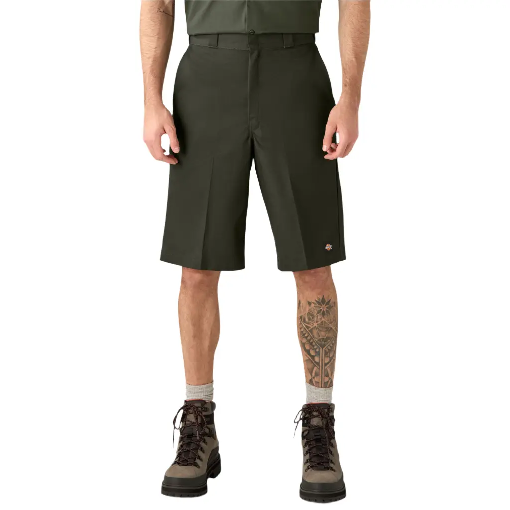 Dickies Men's 13 in Flat Front Permanent Crease Classic Cotton Long Loose-Fitting Work Shorts - Olive Green, Belt Loops, 3 Pockets, Plain Twill Blend Fabric, Hook-And-Bar Closure, Men's Bottoms