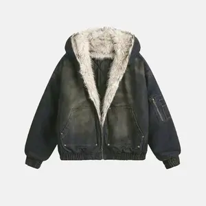 Men’s fashionable square-cut short flight jacket with hood, zip closure, color-blocking, anti-pilling, casual winter jacket GARMENTARY