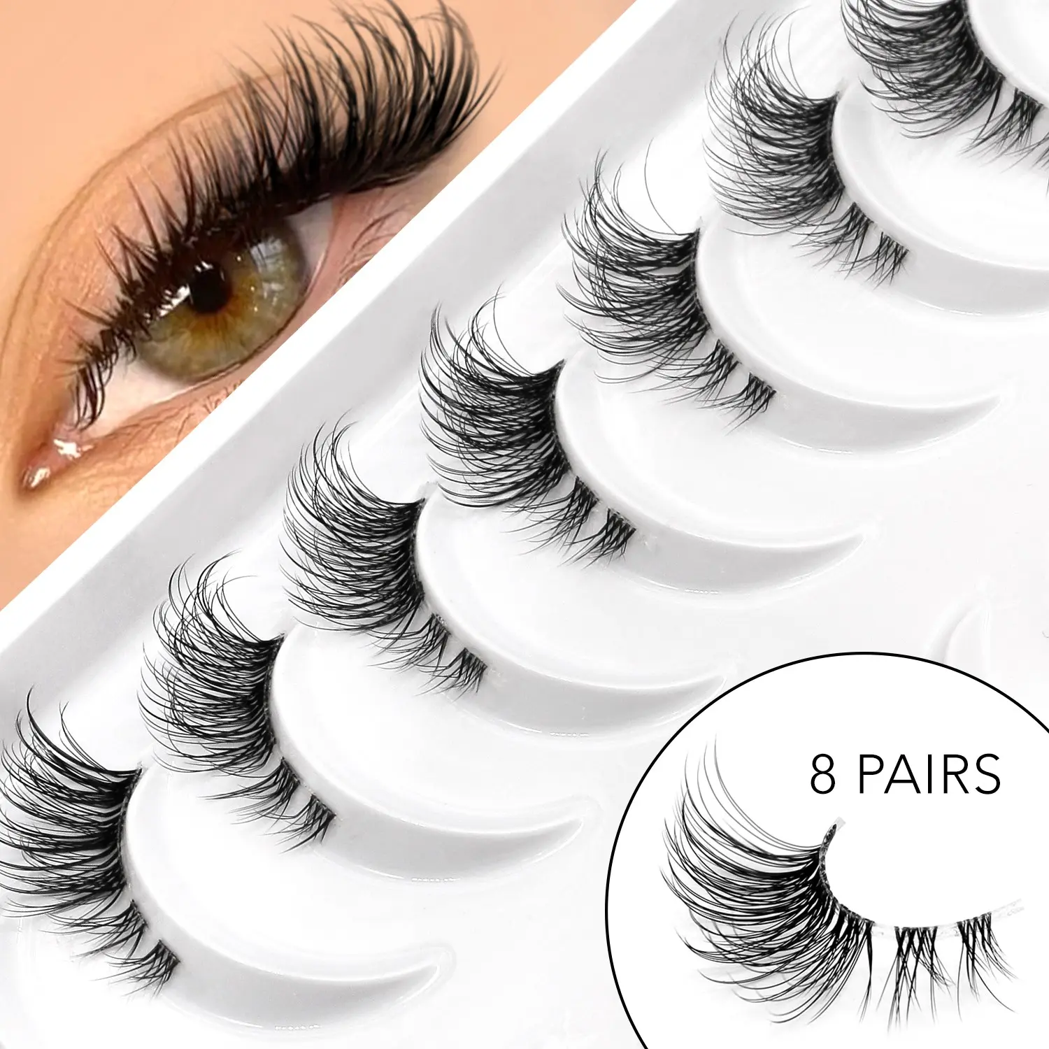 GROINNEYA 8 Pairs C Curl Half Eyelashes Faux Mink Thin Spiky, Volume Cluster Eyelashes, Fluffy Diy Lash Clusters Wispy Criss-Cross Lashes Soft Comfortable With Clear Band, Reusable, Suitable For Any Occasion, Volumized False Eyelashes
