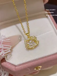 Women's Titanium Steel Necklace, Cute Cat Design Pendant Chain, Fashionable Sweet Style Jewelry Gift, Elegant Accessory