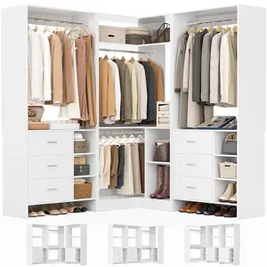 Closet System with 6 Drawers, 4 Hanging Rods & Corner Tower, Corner Closet System with Hanging, 92.6" L-Shaped Walk-In Wardrobe Organizer, 2000+ lbs Capacity, Set of 3, White
