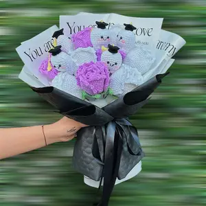 Handmade Crochet Graduation Bouquet – Plush Doll & 8 Rose Flowers, Home Decor, Perfect Mother's Day, Graduation and Valentine's Day Gifts Decorative