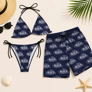 Busch Light Navy Blue Country Matching Couple Swimwear Set – Women's Triangle String Bikini & Men's Quick Dry Beach Shorts Summer Swimsuit
