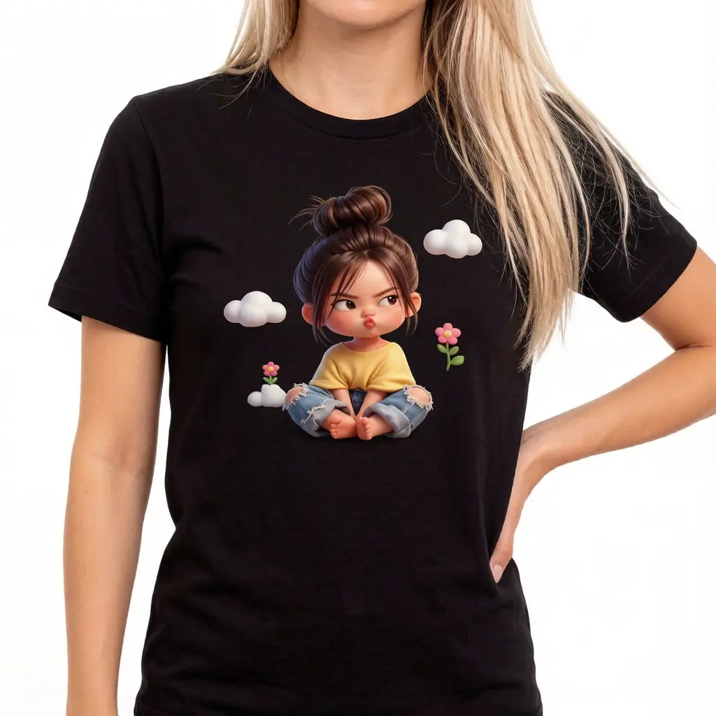 Women's Plus Size Short-Sleeve Female Tshirt - Fitted Premium Cotton, Blush Pink, Classic Cartoon Girl & Clouds Print, Crew Neck, Bow Accent, Normal Type Casual Sports Top, Spring Vibes, Machine Washable, 1-3 Business Days (Check Size Chart)