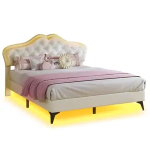 SIKAIC Velvet Princess LED Bed Frame, Queen Bed Frame with Adjustable White Headboard, Queen Bed Frame With Headboard