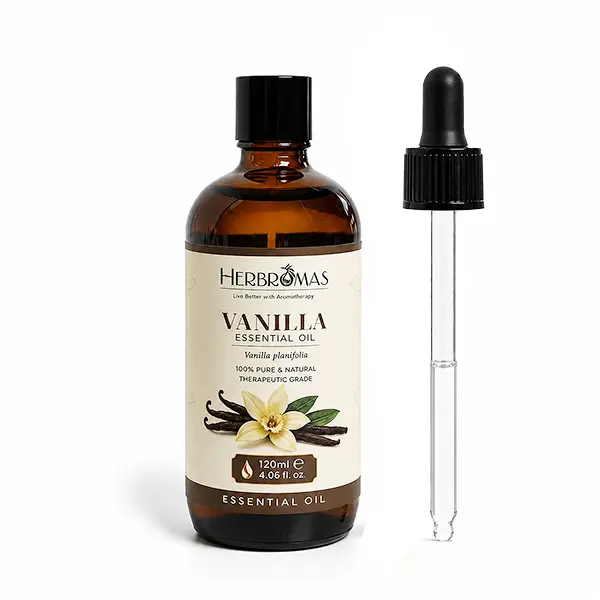 HERBROMAS Natural Vanilla Essential Oil 120ml (4.06 fl oz) - High-Quality Therapeutic Wellness Diffuser Oil for Aromatherapy, Skin & Hair Care, Massage, DIY Candle Soap Making (Combats Dry Skin)