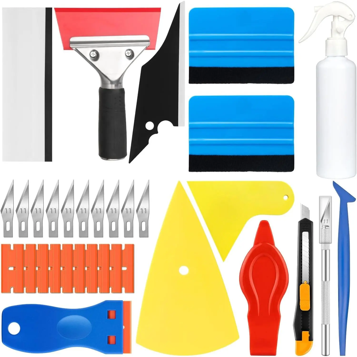 Automotive Window Tint Installation Kit - 33-Count Glass Protective Film Kit, Comfortable and Efficient, High-Precision Utility, Handles Complex Corners, Easy to Apply for Vinyl, Car Window Repair Tinting Tools, Fish Scraper, Blue Felt Scrapers
